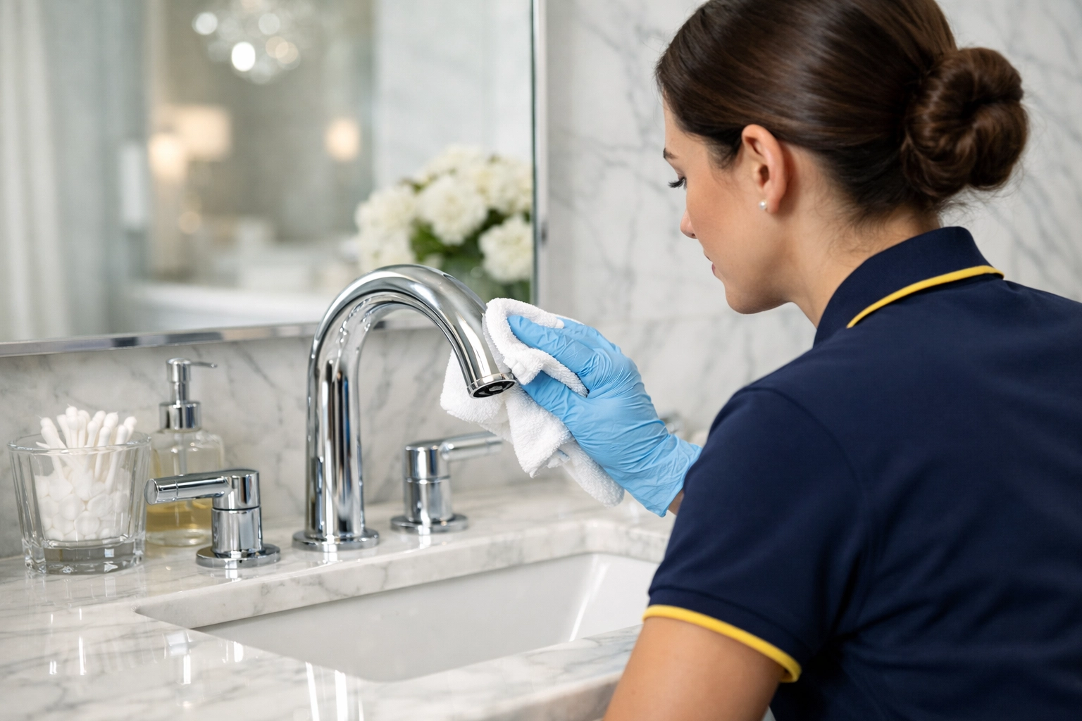 Professional cleaner polishing a bathroom faucet for a luxury residential cleaning in Sudbury home.