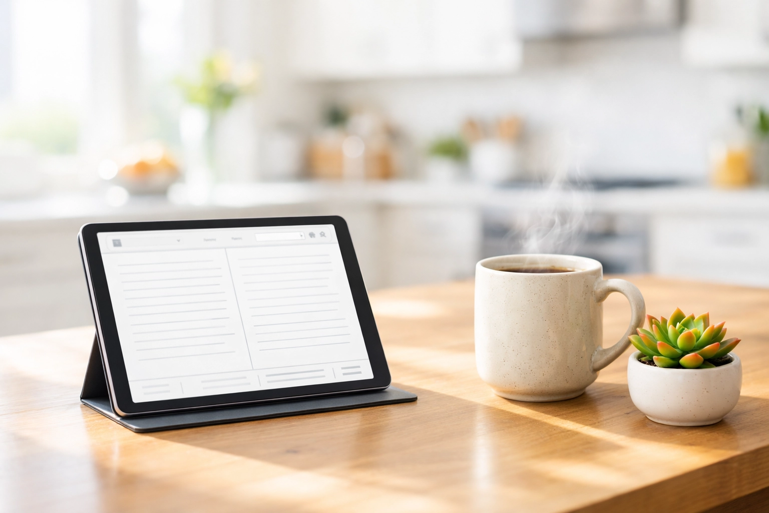 A digital tablet displaying a Bible app next to coffee, showing modern ways to connect with God daily.