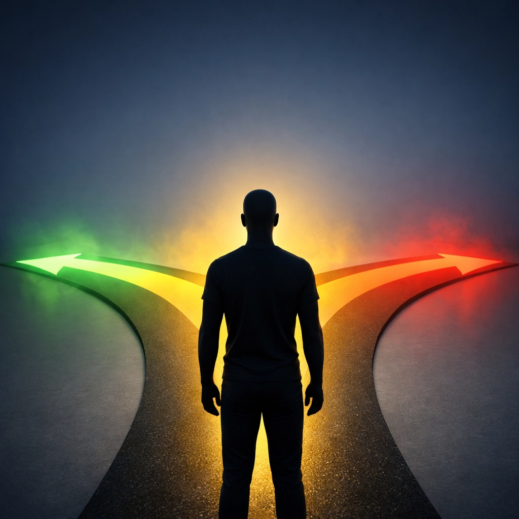 Person choosing between three pathways in green, yellow, and red representing burnout risk zones