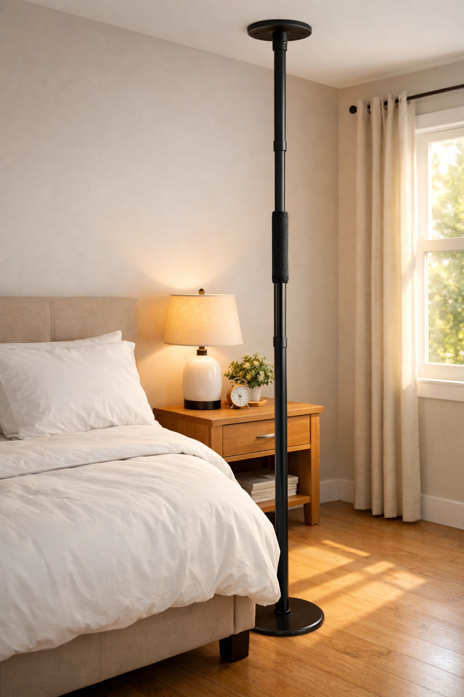 Transfer pole positioned beside bed for safe mobility and balance support