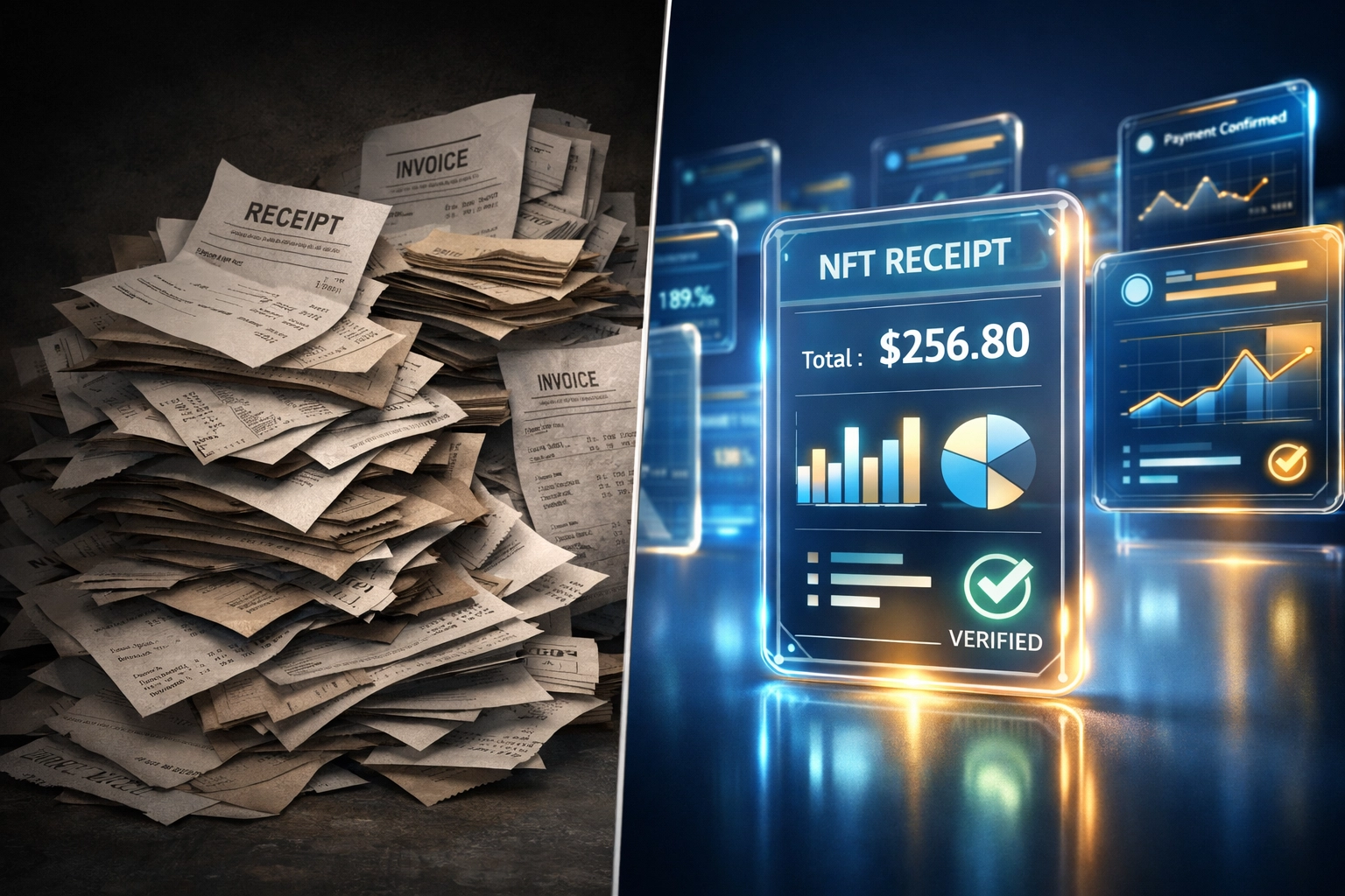 Comparison of traditional paper receipts versus transparent NFT receipt blockchain technology