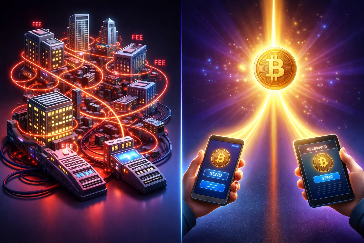 Comparison of traditional payment systems versus crypto payments, highlighting fee reduction and merchant control with Larecoin.