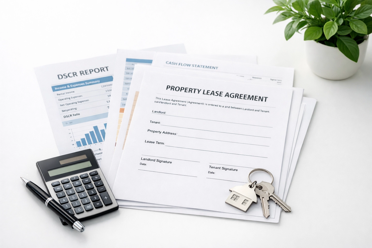 Organized DSCR loan documents and rental lease agreement on desk