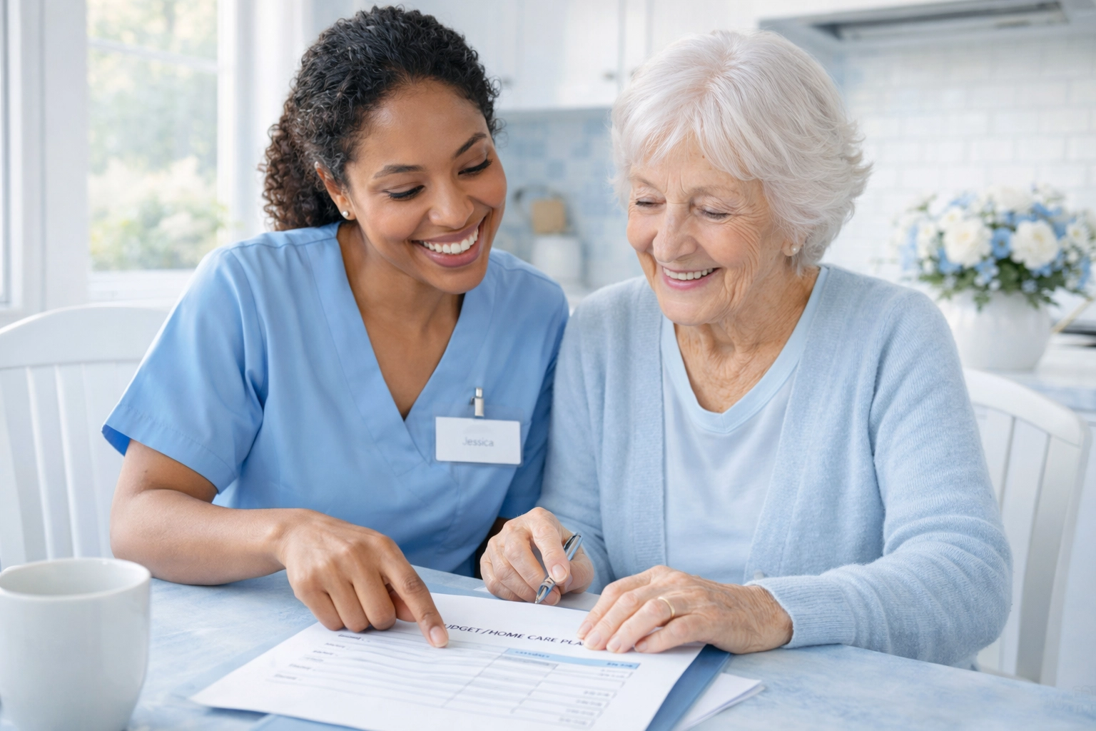 Caregiver and elderly woman reviewing home care payment options at kitchen table
