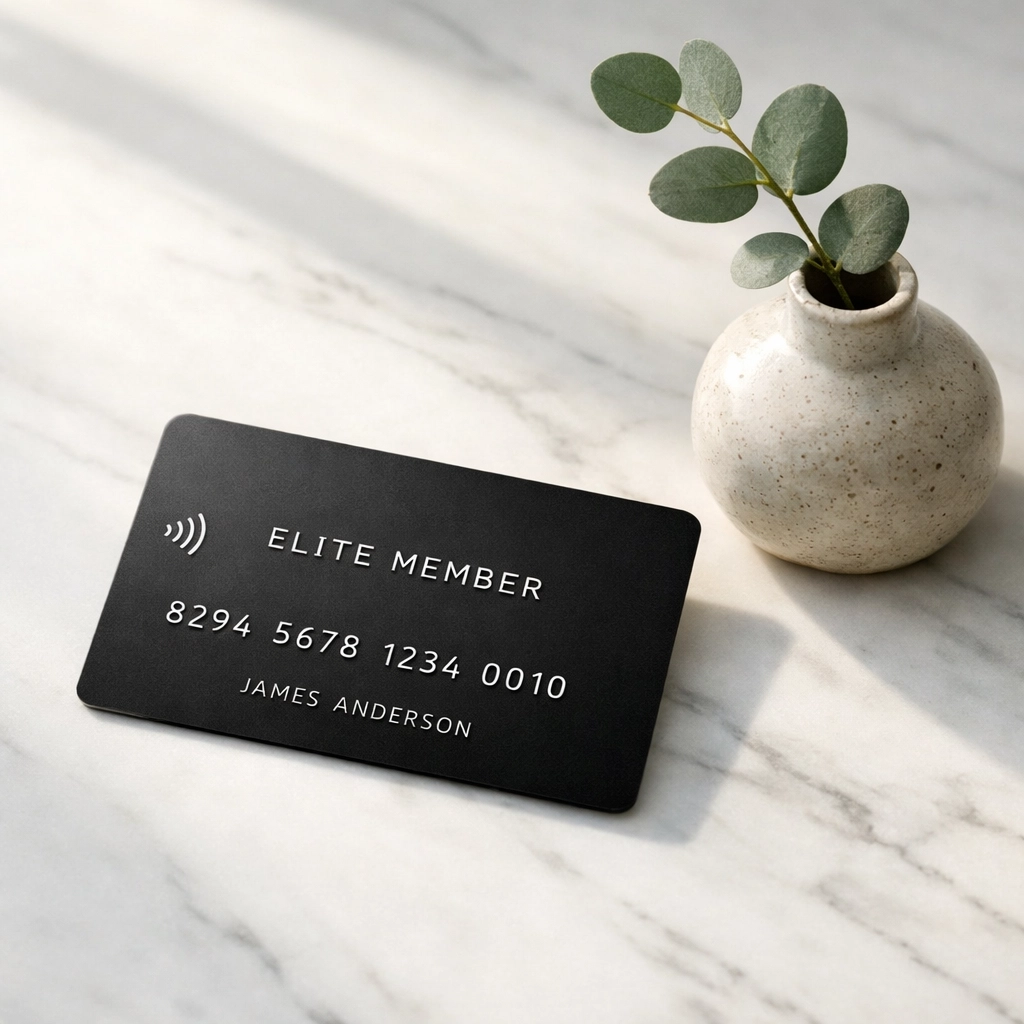 Black hotel membership card on marble surface representing luxury hotel subscription programs.