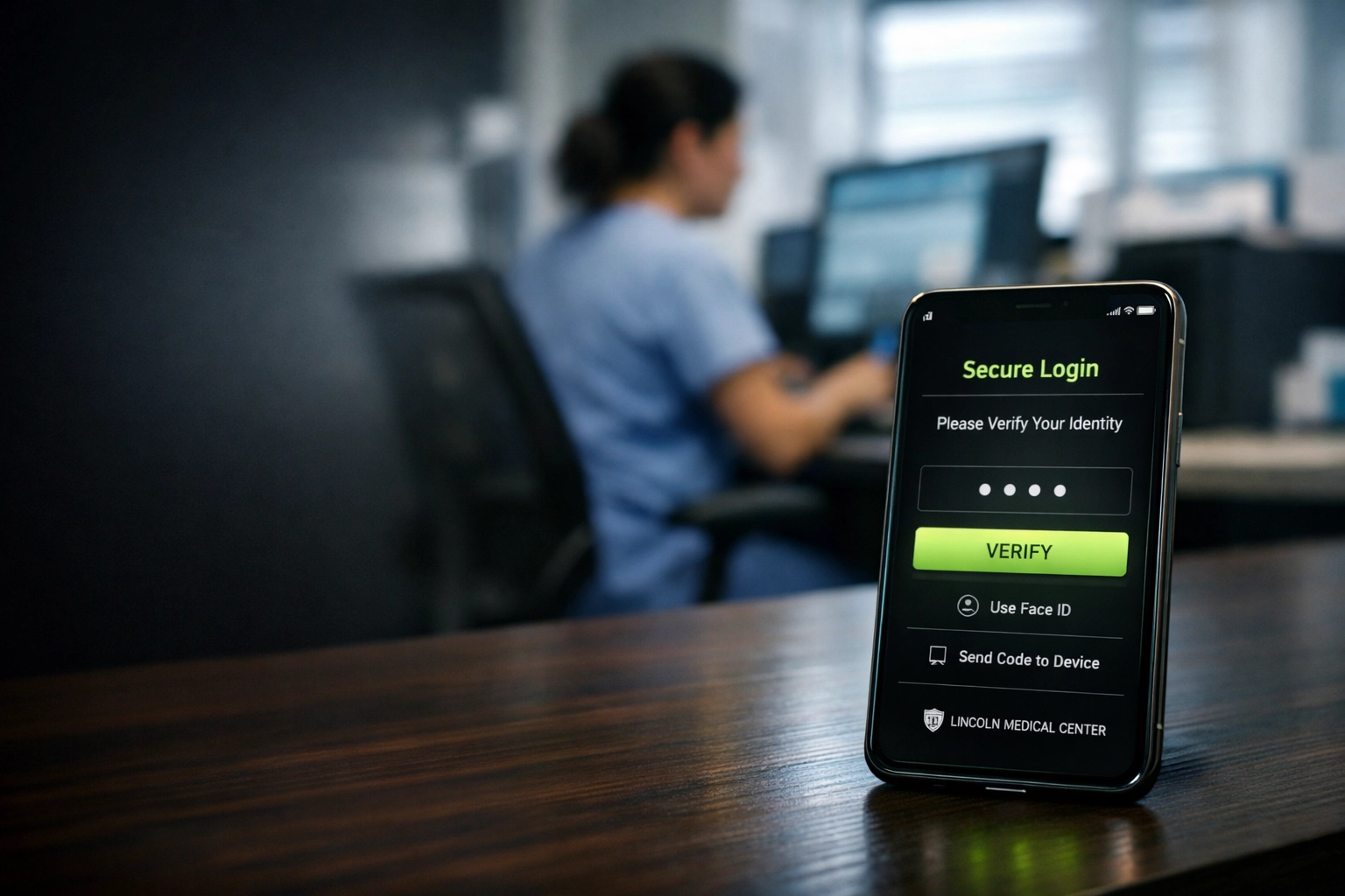 A smartphone displaying a fake security alert on a medical clinic desk in Lincoln, Nebraska.