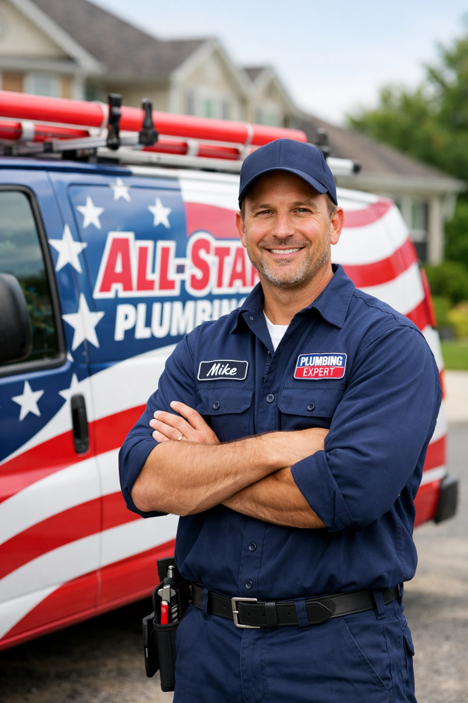 Successful plumbing contractor with service van in DMV neighborhood