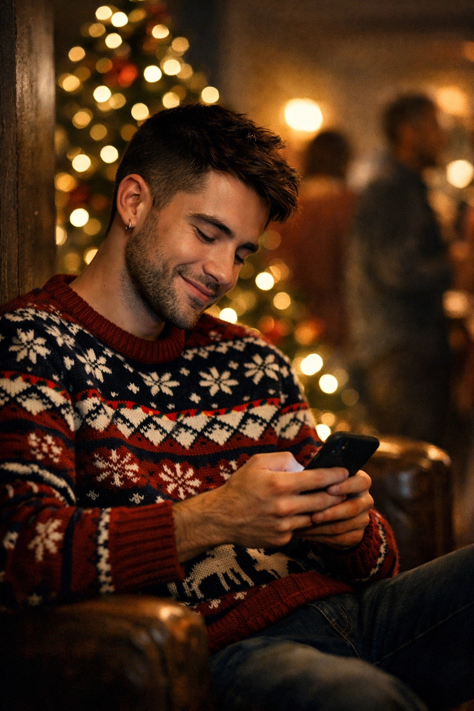 A young gay man taking a quiet moment at a holiday party to prioritize his mental health and boundaries.