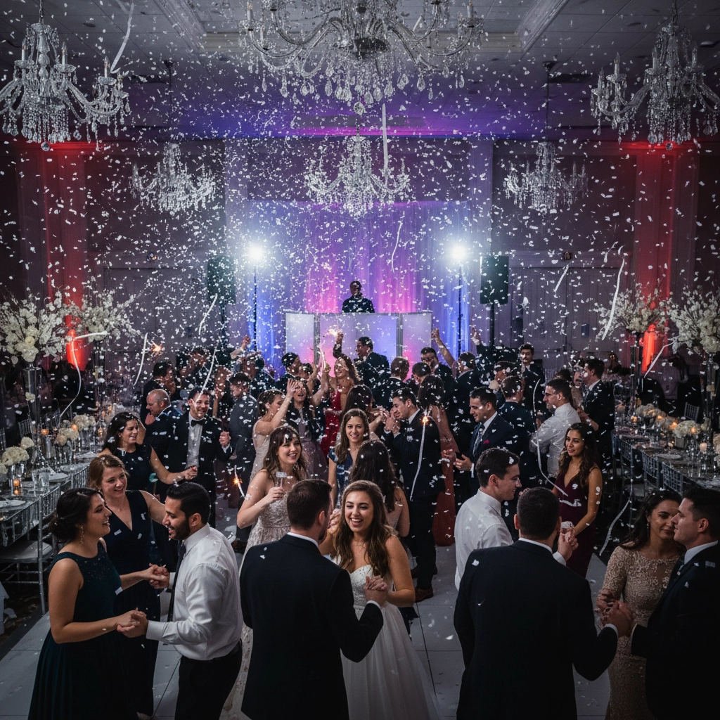 People dancing joyfully at a party under falling confetti in a chandelier-lit ballroom. A DJ plays music amidst vibrant purple and red lights.