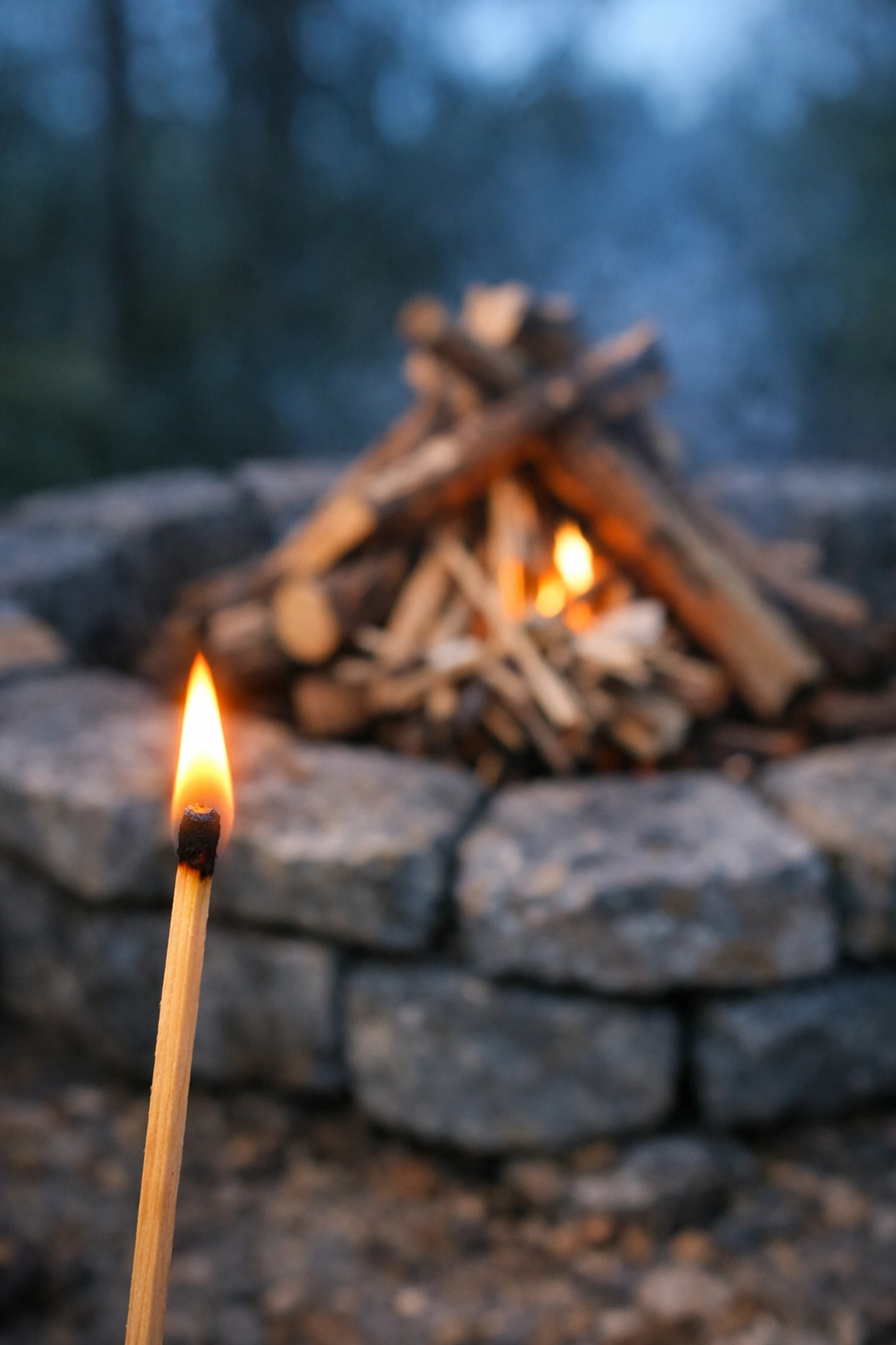 Lit match representing leadership spark with fire pit showing sustainable infrastructure