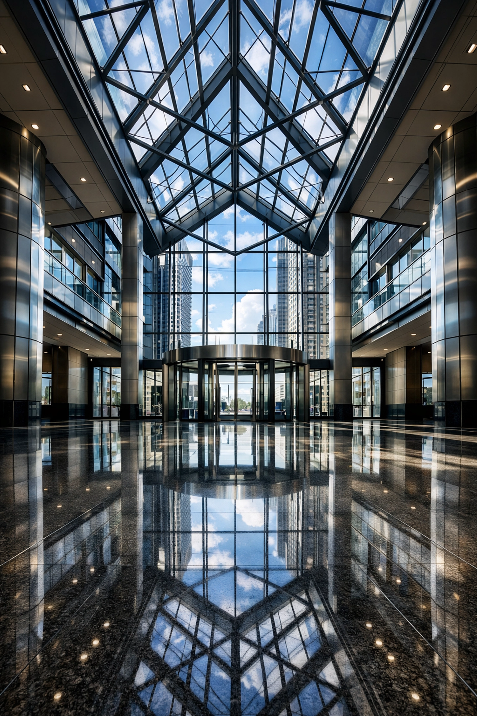 Polished granite floors in a modern Detroit office building lobby showing expert commercial cleaning results.
