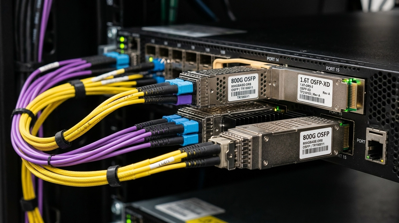 Macro photograph of 800G optical transceivers and fiber networking
