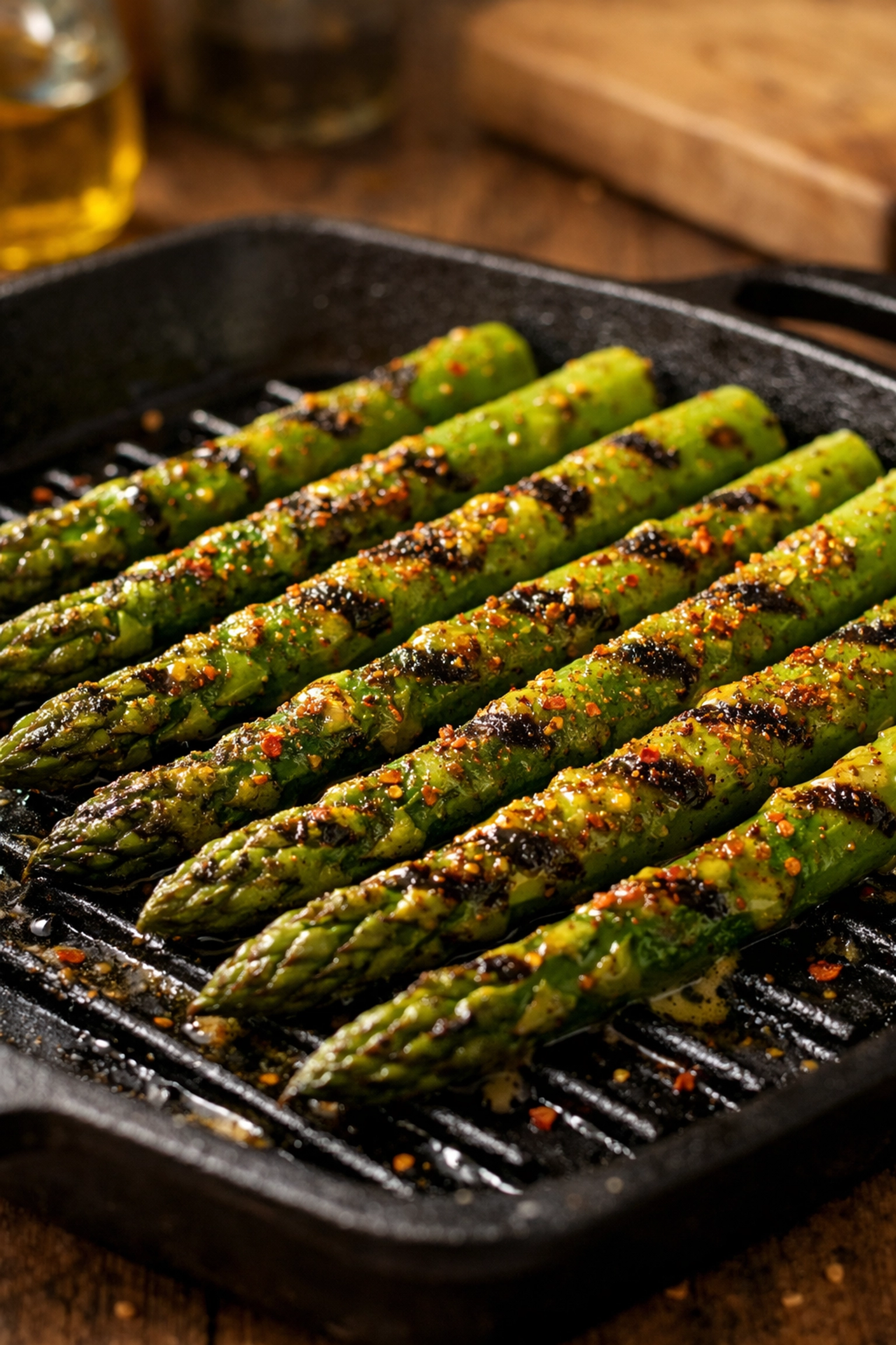 Grilled asparagus with Cajun seasoning and butter glaze for Southern spring menu