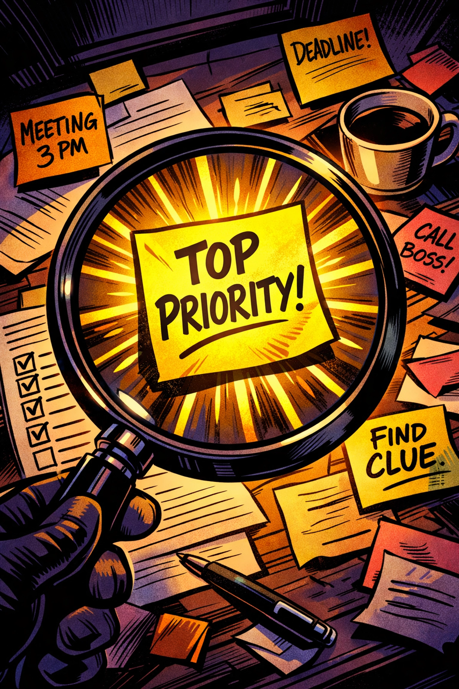 Magnifying glass highlighting priority task for AI business automation implementation