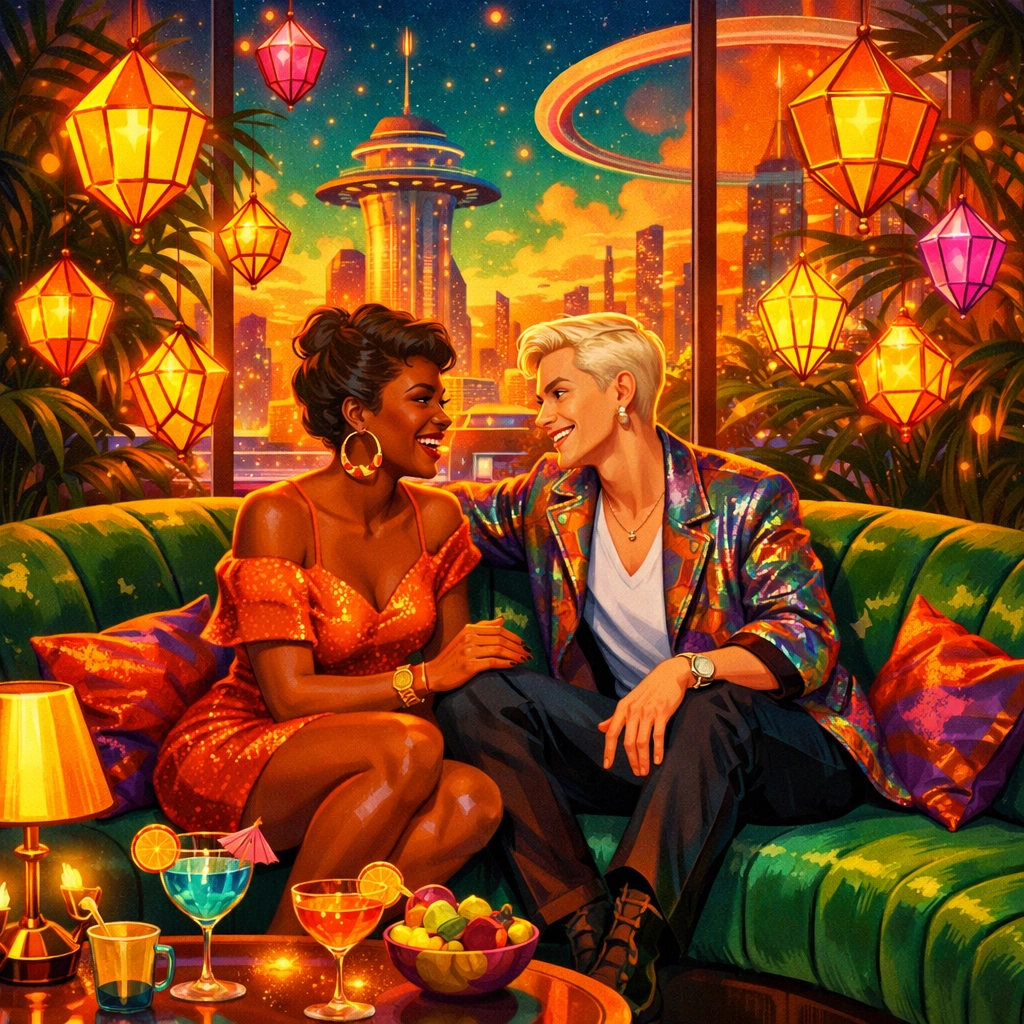 A stylish couple talking comfortably on a plush sofa, representing active consent and safety.