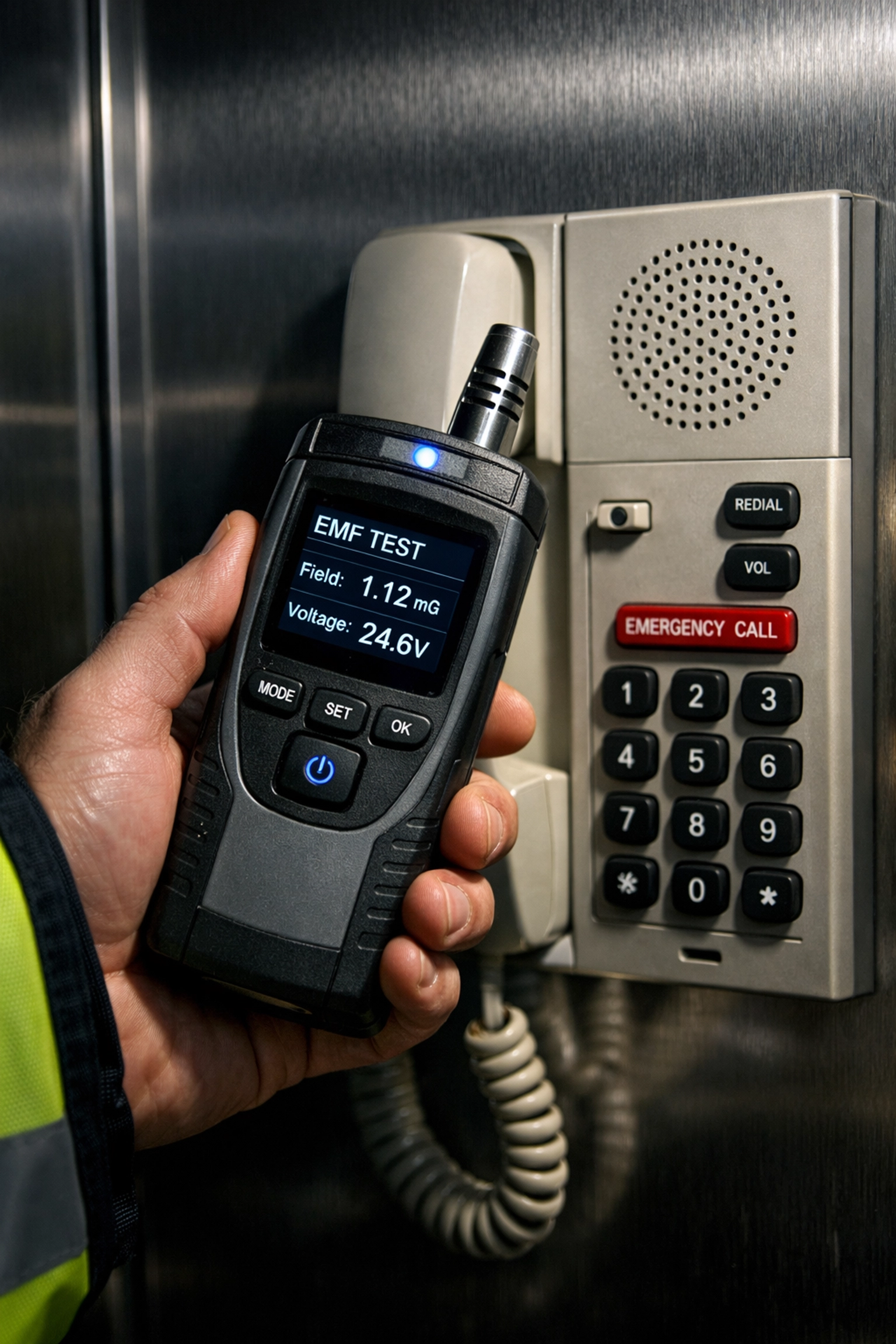 Building inspector testing elevator emergency phone line for NFPA 72 compliance verification