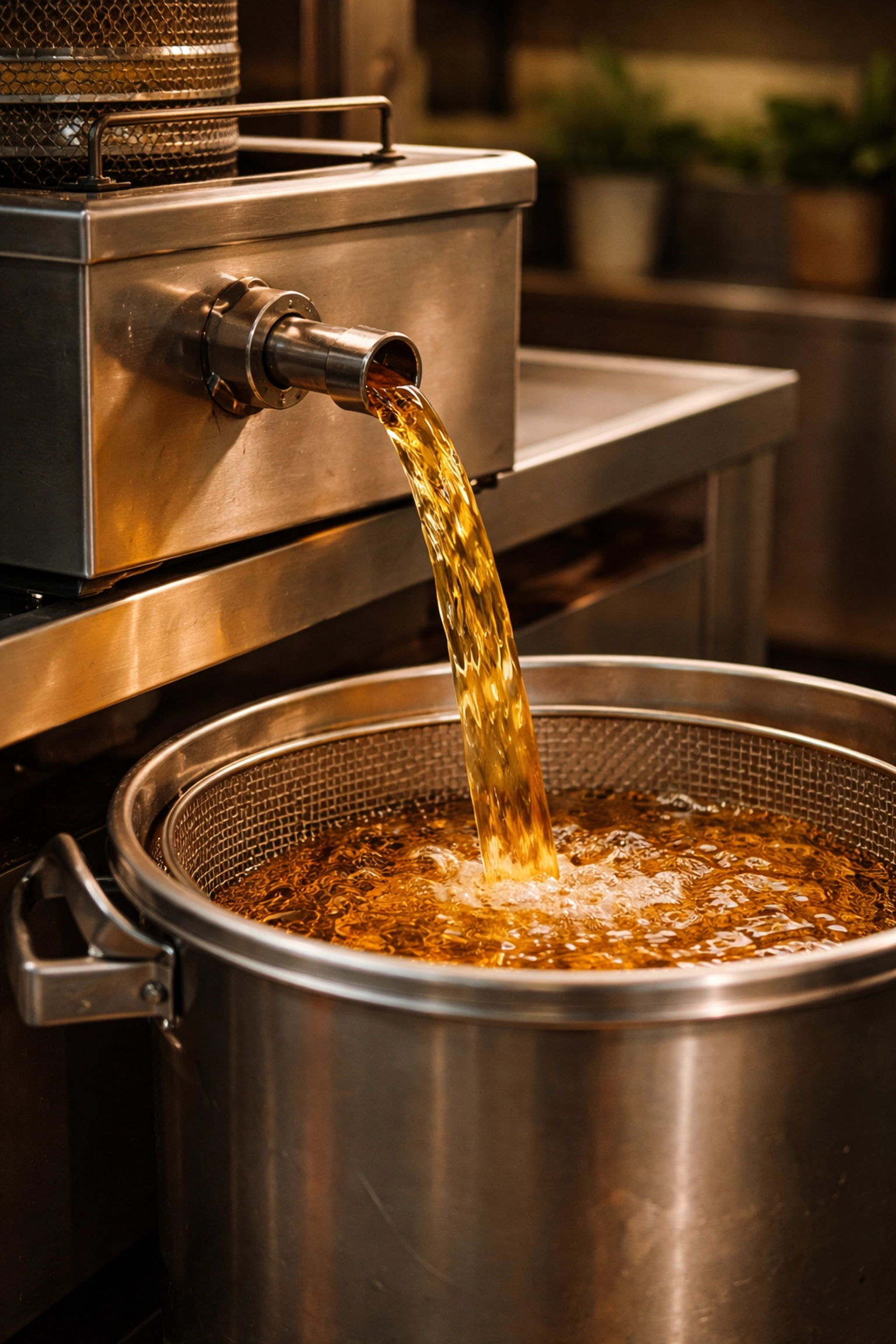 Used cooking oil being poured into a collection container for recycling in a professional kitchen