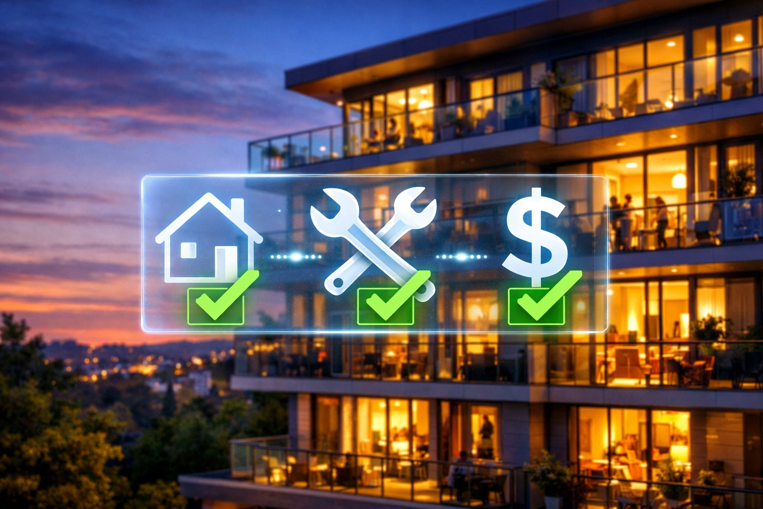 Modern apartment complex with icons for rent and maintenance, showing seamless tenant management after a sale.
