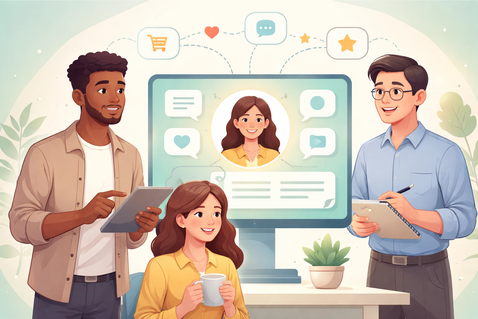 Team members collaborate around a unified customer screen, demonstrating centralized CRM benefits for small businesses