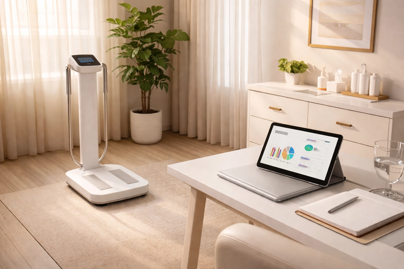 A modern wellness clinic room with a body composition scale and metabolic data tablet, highlighting metabolic health assessment for medical weight loss.