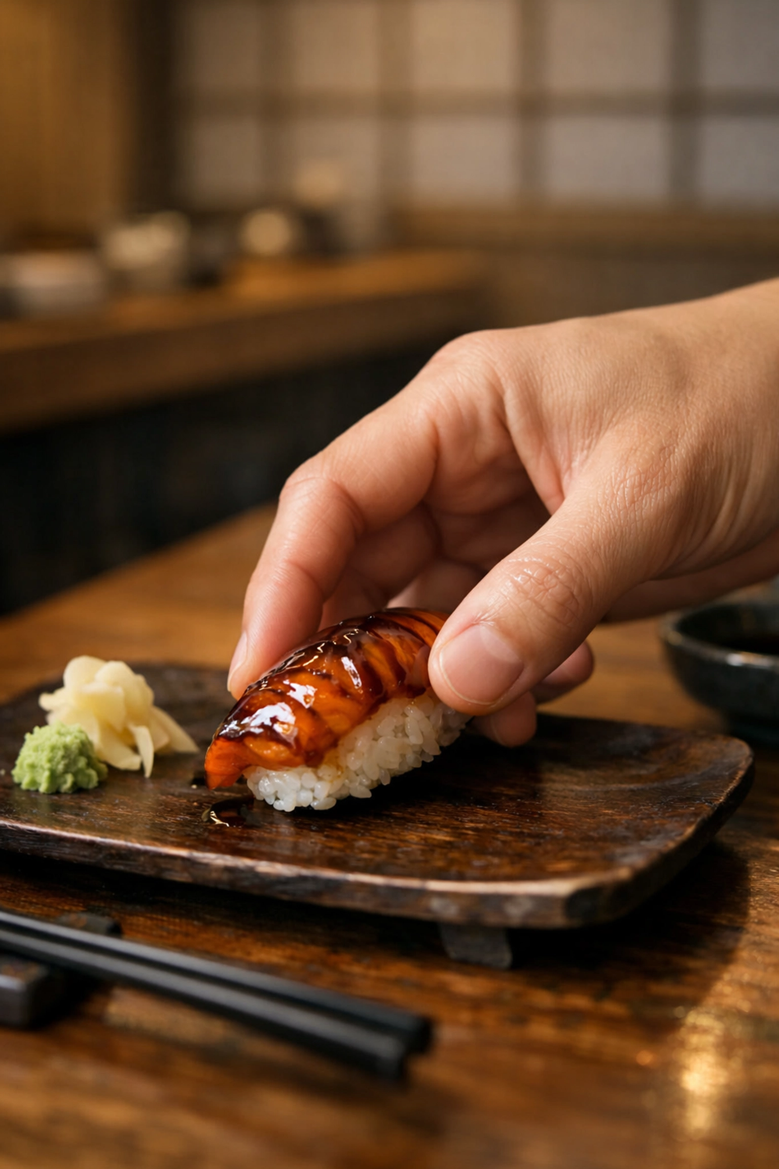 A diner following traditional sushi etiquette by eating glazed nigiri with their hands in Ginza.