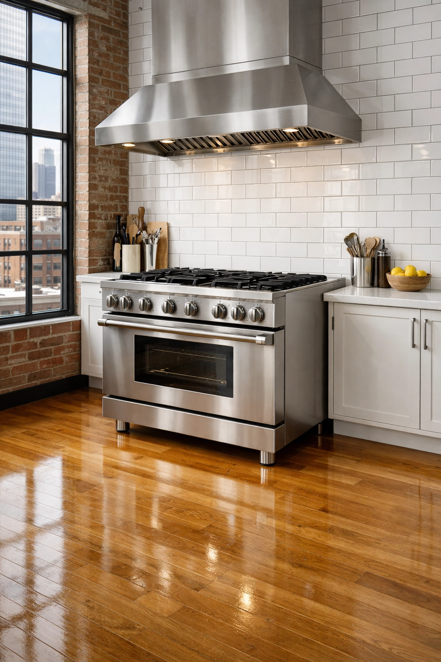 Clean Chicago loft kitchen showing floor and wall behind a stove after move out turnover.