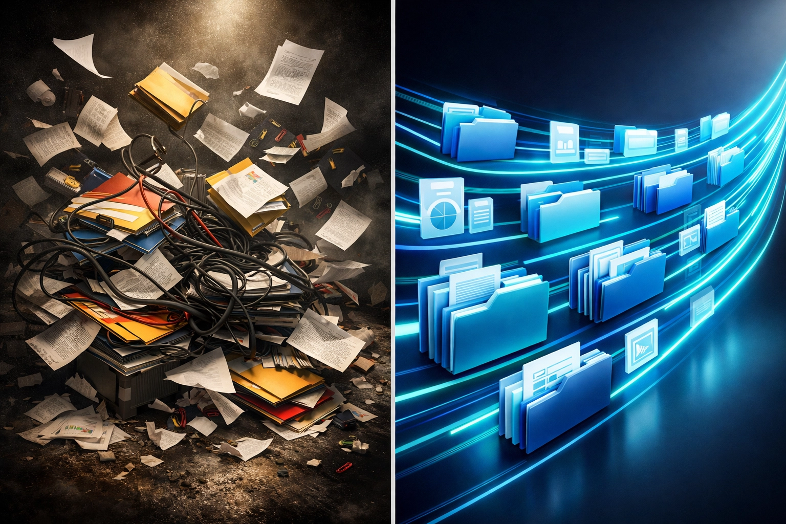 Visual comparison showing transformation from chaotic to organized business data systems