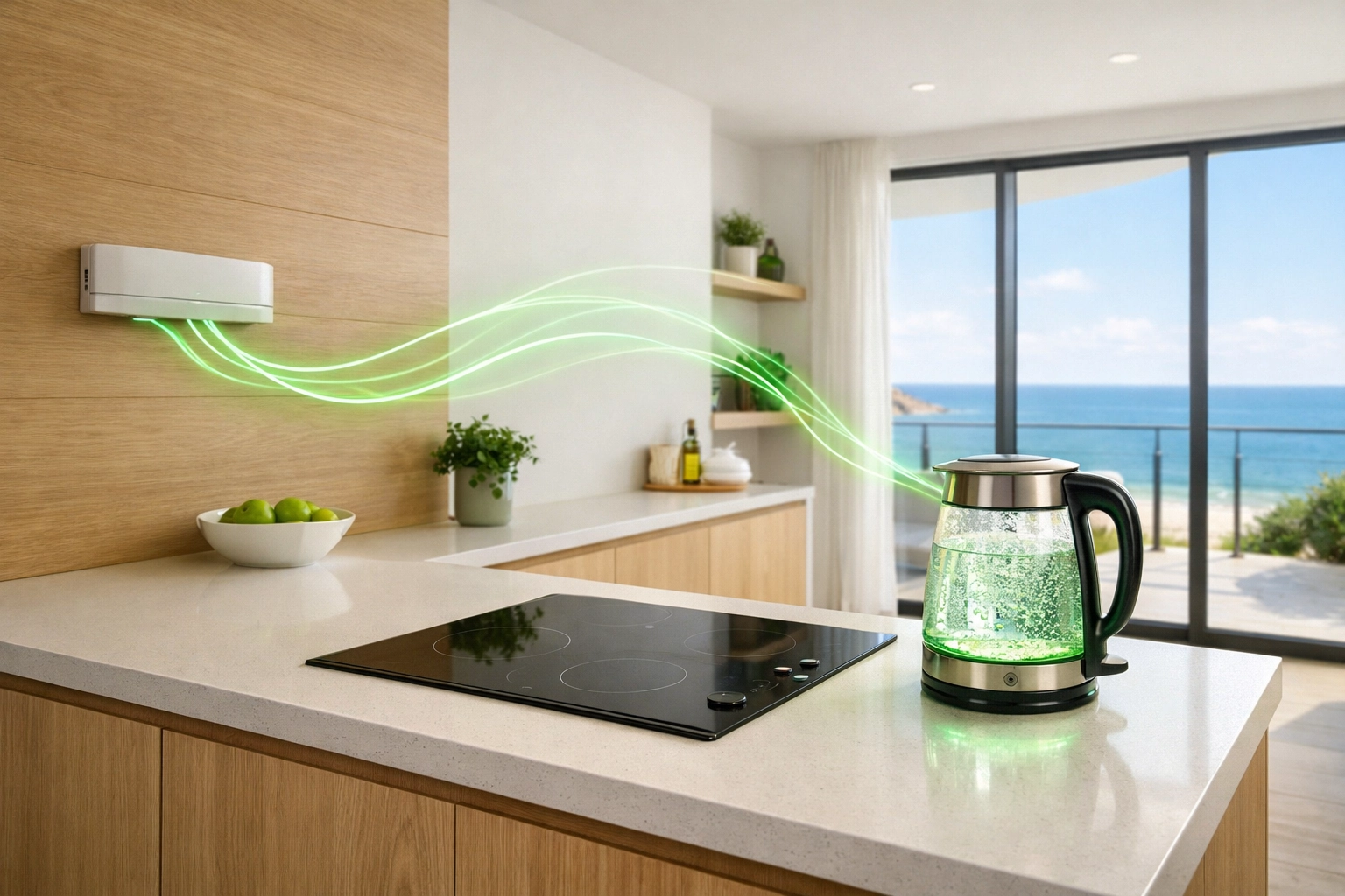 Solar battery power flow in a modern Bournemouth kitchen powering high-end appliances.