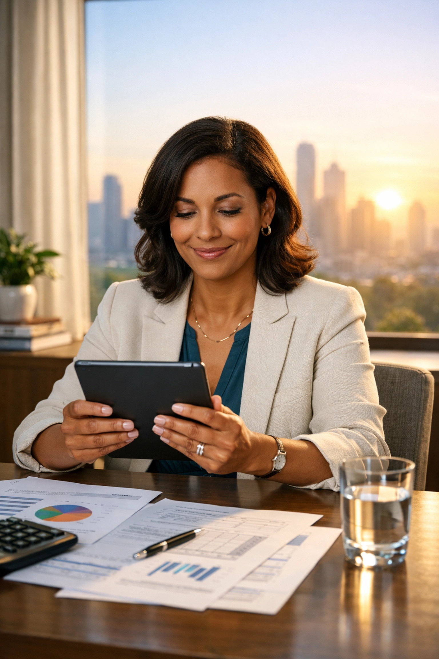 Businesswoman reviewing tax documents for SALT deduction compliance in a modern office.