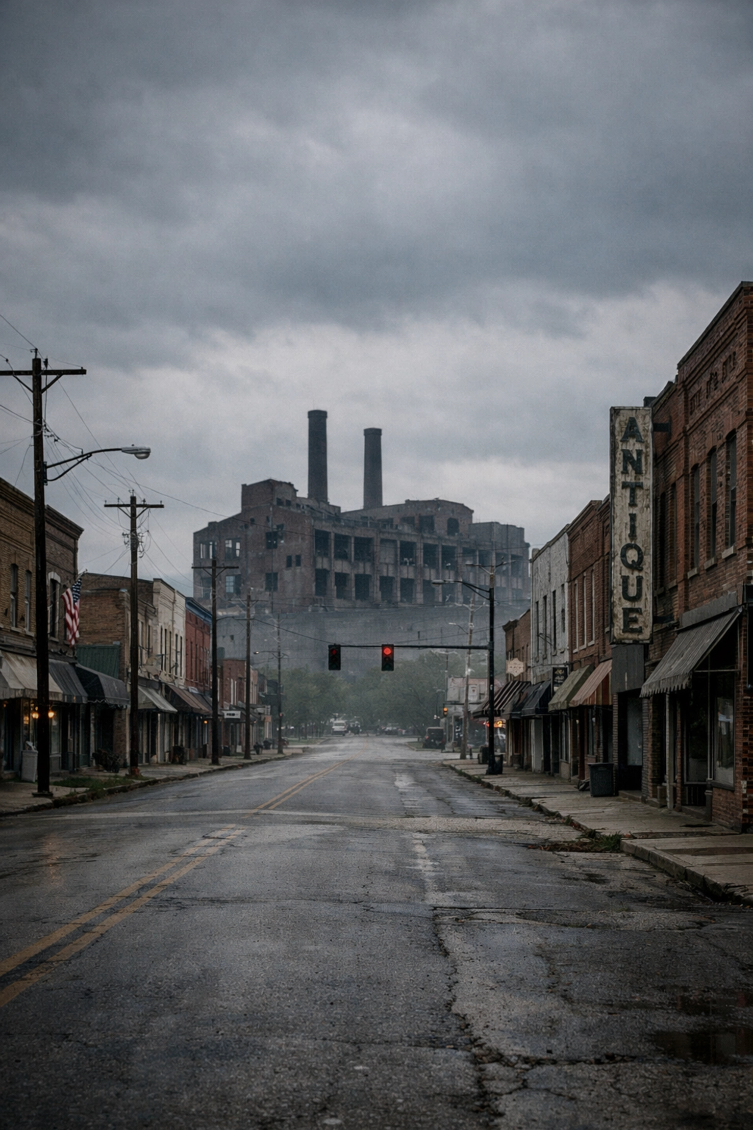 Empty Midwest storefronts with a closed manufacturing plant looming in the background.