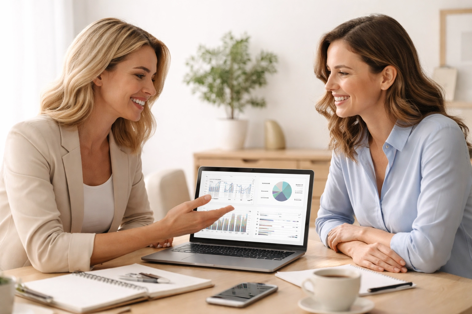 Bookkeeper and business owner meet at a clean desk, showing supportive help with bookkeeping automation setup.
