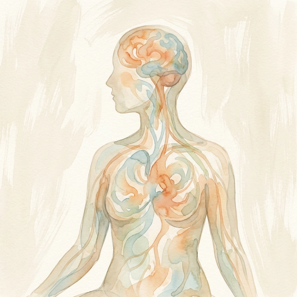 Abstract watercolor of a human silhouette with swirling colors, representing the nervous system and emotions.