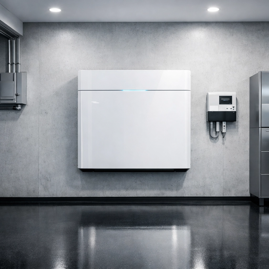Modern home energy storage unit in a minimalist garage, requiring specific insurance cover.