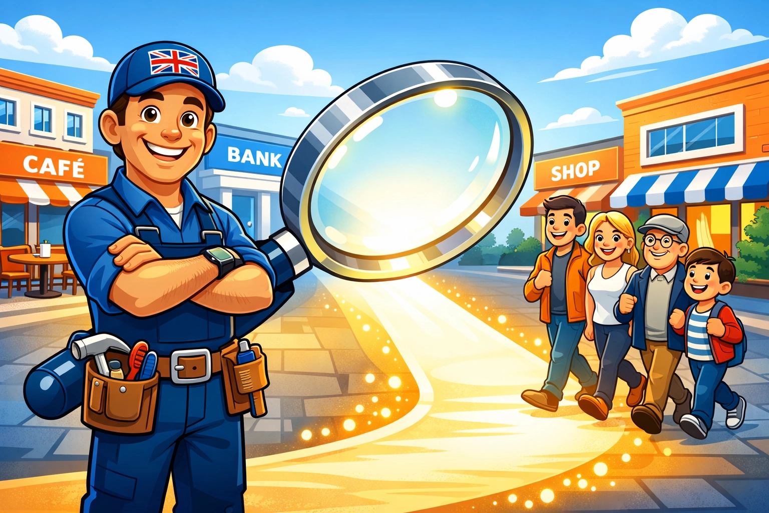 UK tradesperson illustration showing business visibility and guiding customers to service enquiries.