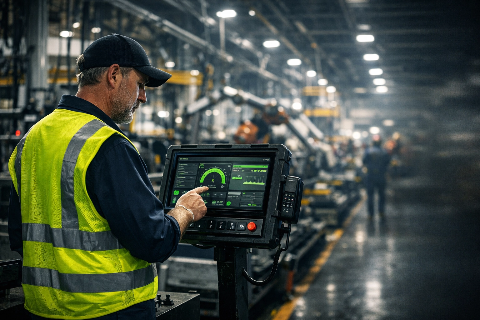 Nebraska manufacturing manager using an industrial IoT terminal supported by proactive managed IT services.