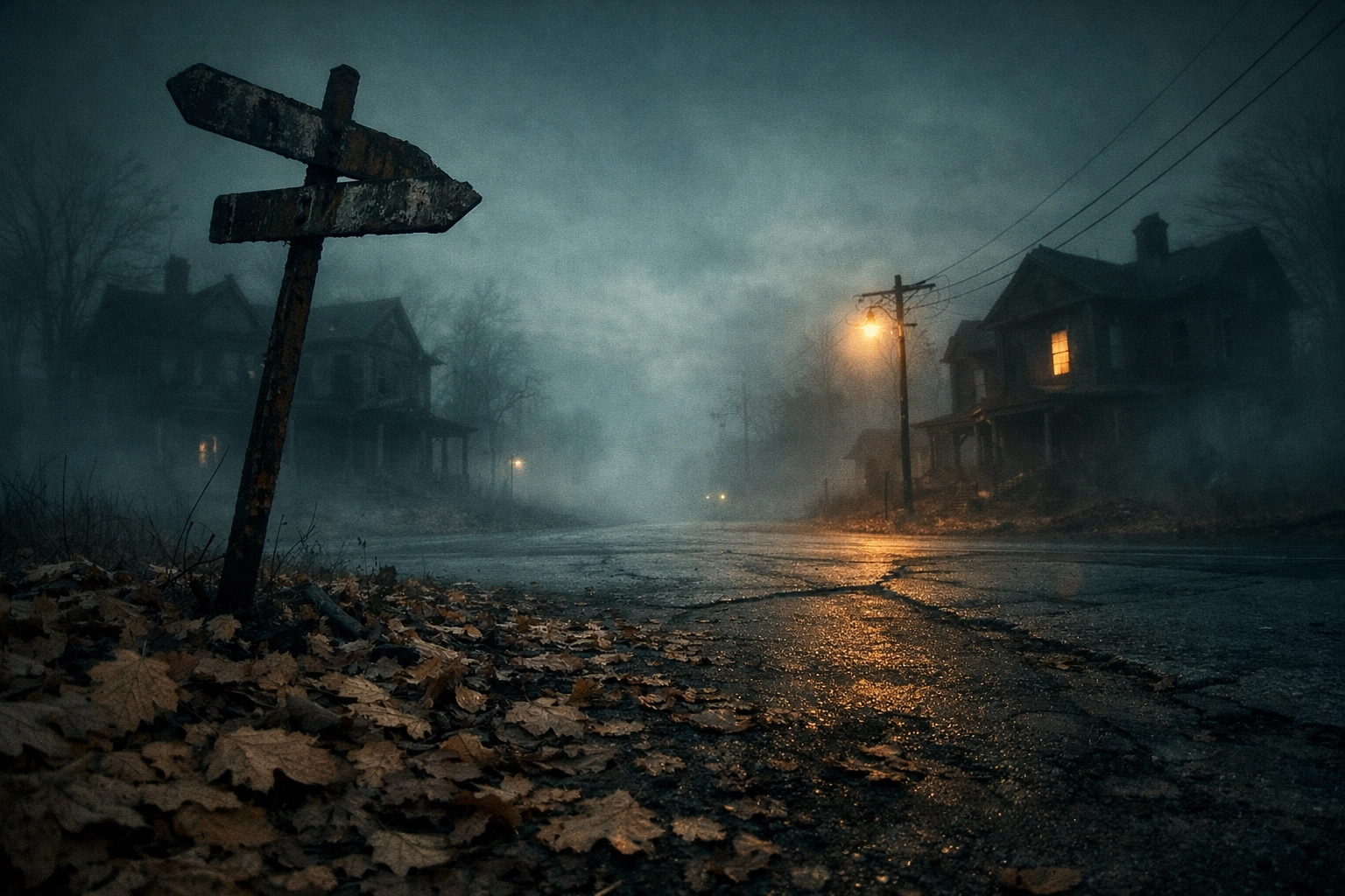 A mysterious, foggy street in Carey, Ohio, illustrating the interconnected lore of Halloween Horror Nights.