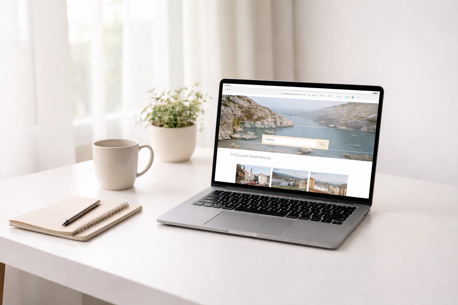 Laptop on a clean desk displaying a website with local imagery, representing location-specific content tips for County Durham businesses.
