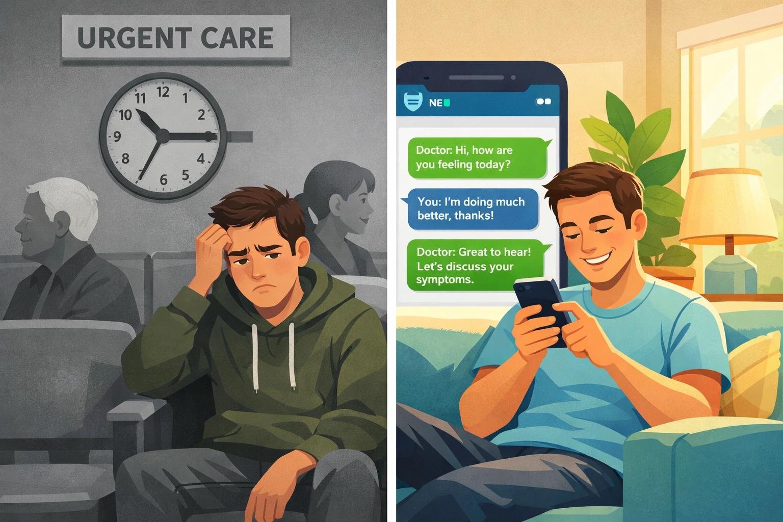 Comparison of urgent care waiting room versus convenient home telehealth consultation