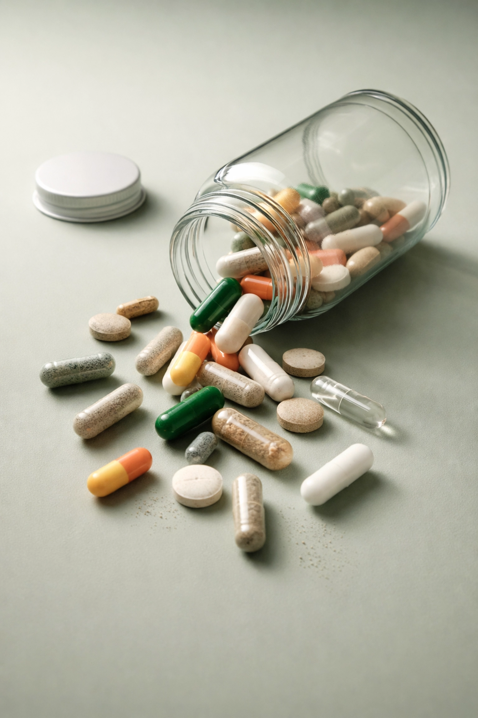 Glass supplement bottle spilled with various pills on a green surface, illustrating supplement quality differences