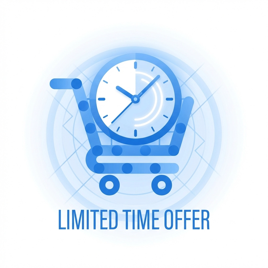 Illustration of urgency and scarcity in online buying using a clock and shopping cart symbol