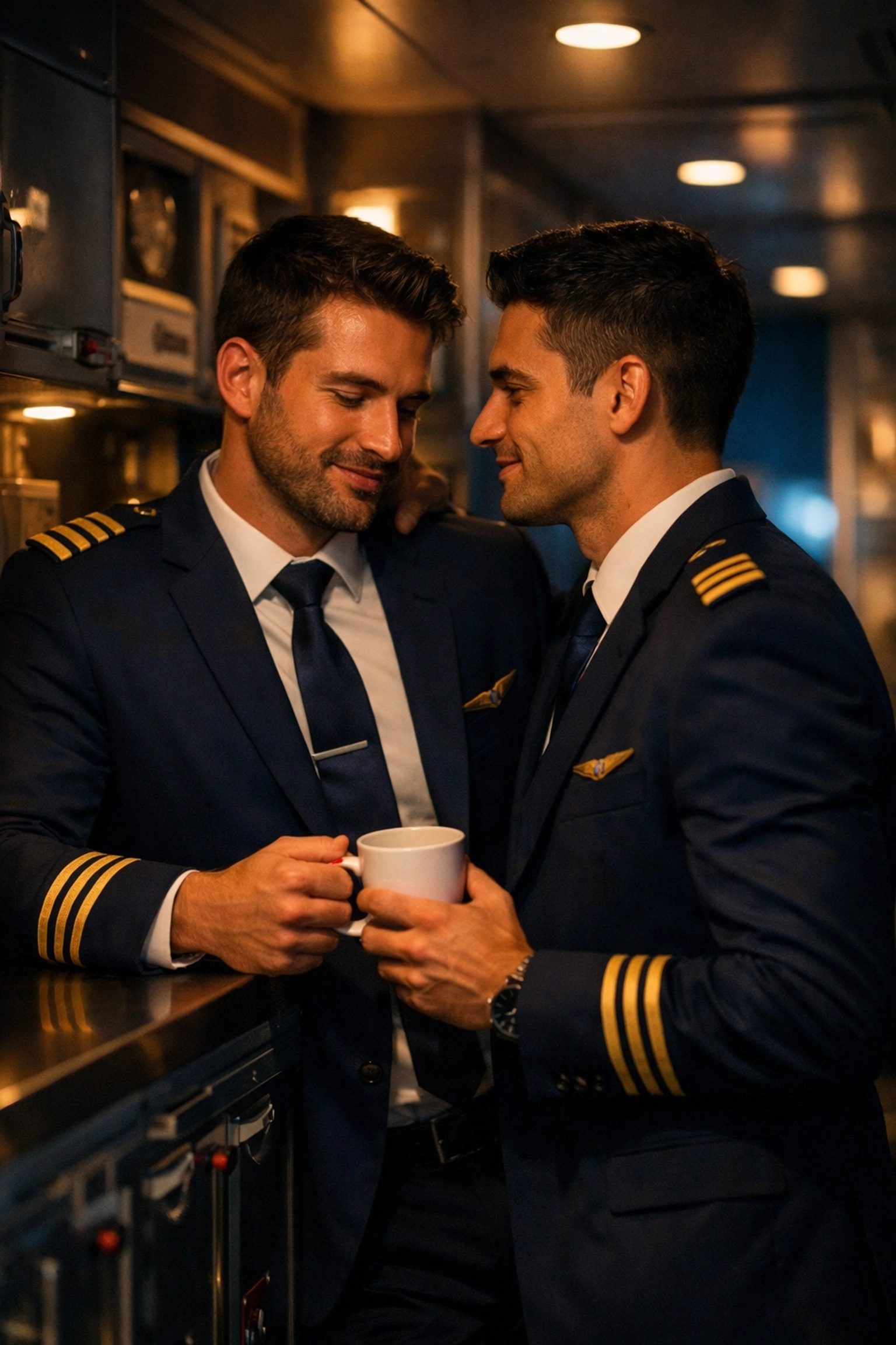 Gay flight attendants share coffee in aircraft galley during overnight flight