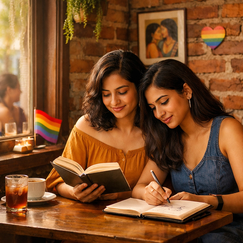 Two women sharing coffee at LGBTQ+-friendly cafe in Mumbai's Bandra neighborhood