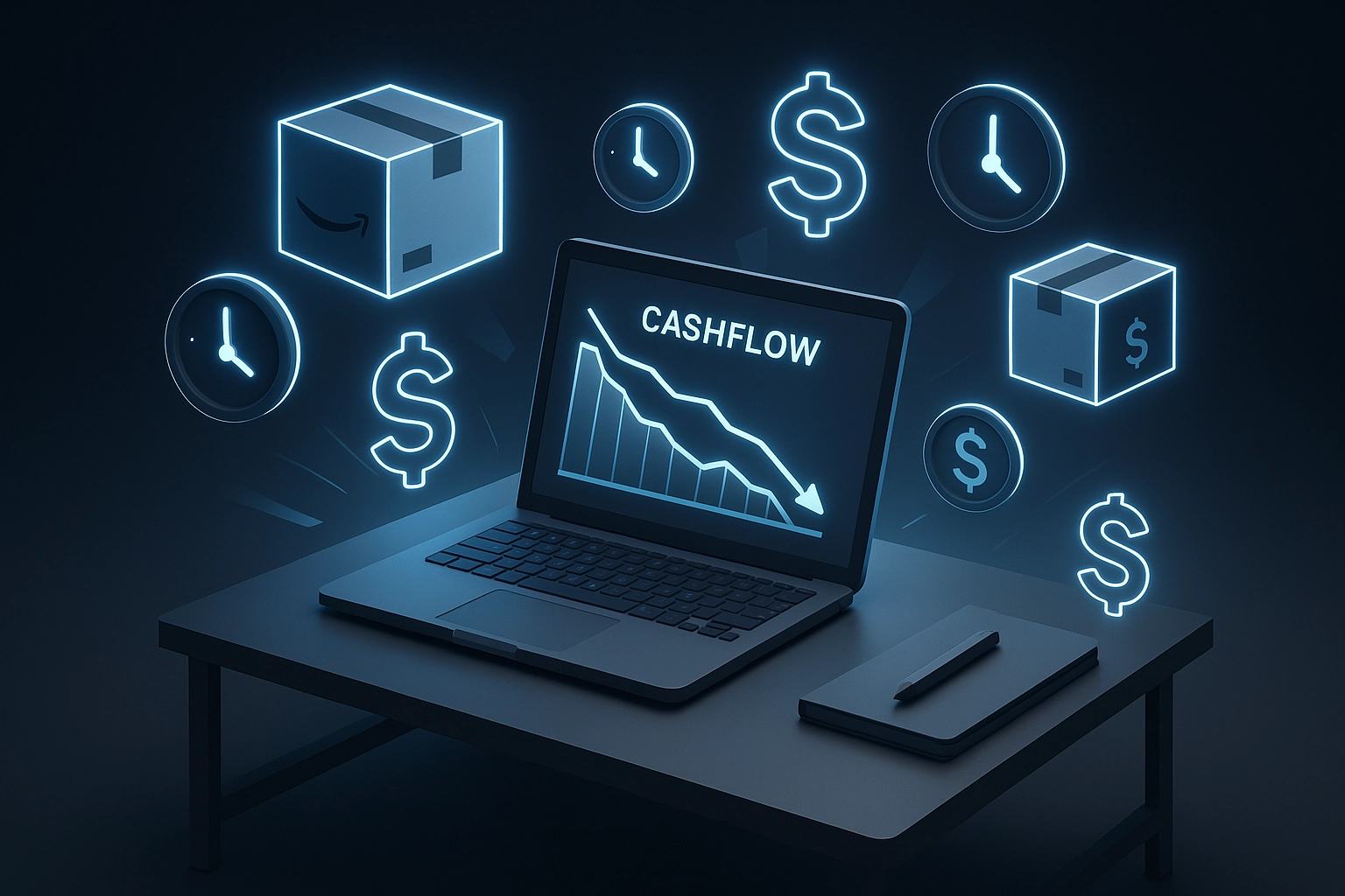 Modern Amazon FBA seller workspace showing cashflow pressures, inventory icons, and financial stress in e-commerce financing.
