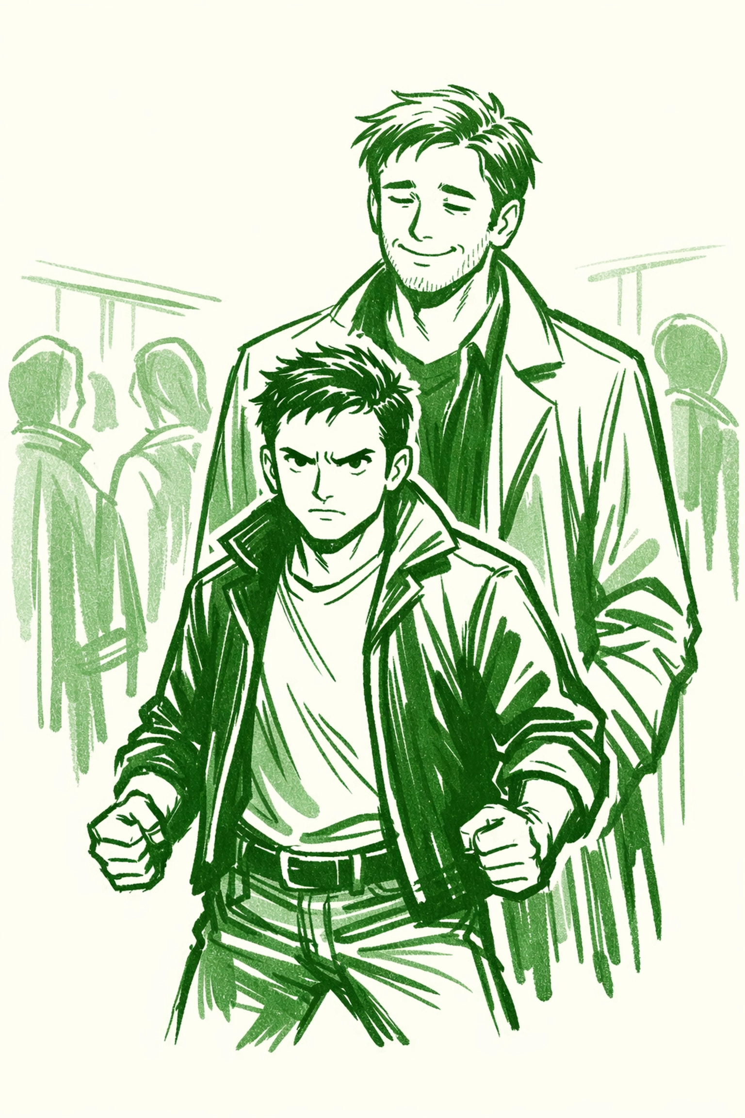 Short partner protectively standing in front of tall partner in crowded space - gay romance