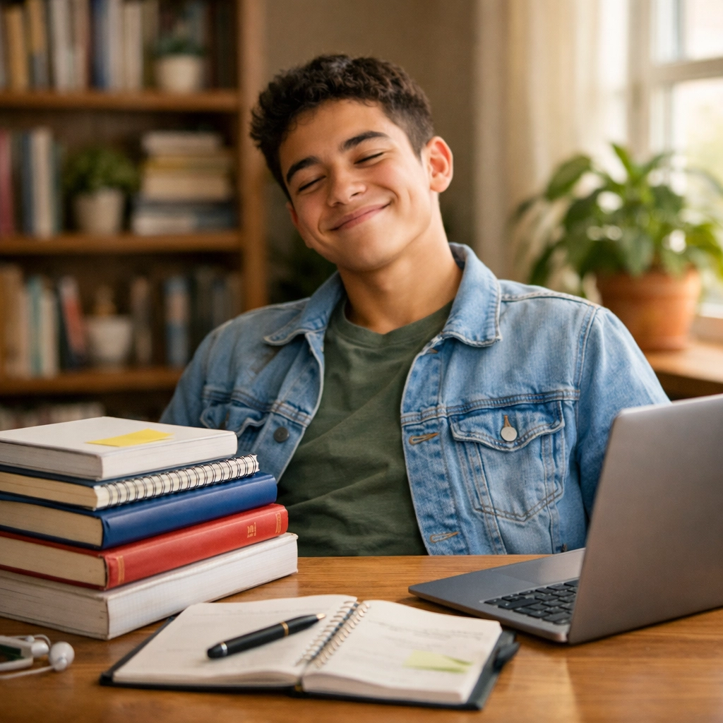 A student smiling at their desk after mastering SAT study skills and completing the course.