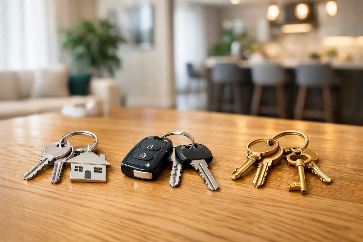 Multiple sets of house keys on a wooden table representing a successful Woking property investment portfolio.
