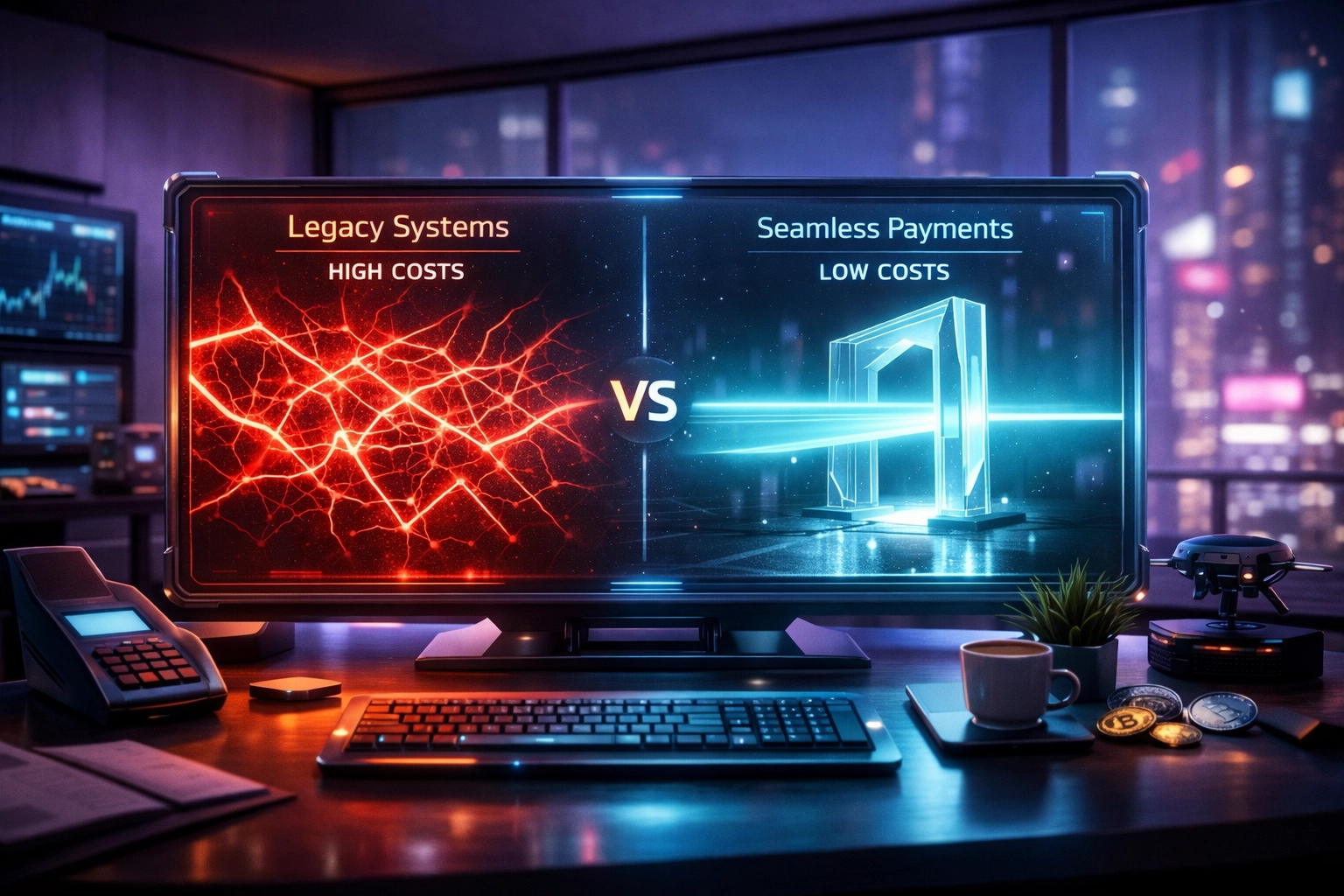 Visual comparison of high legacy merchant fees versus efficient Larecoin Web3 payment processing.