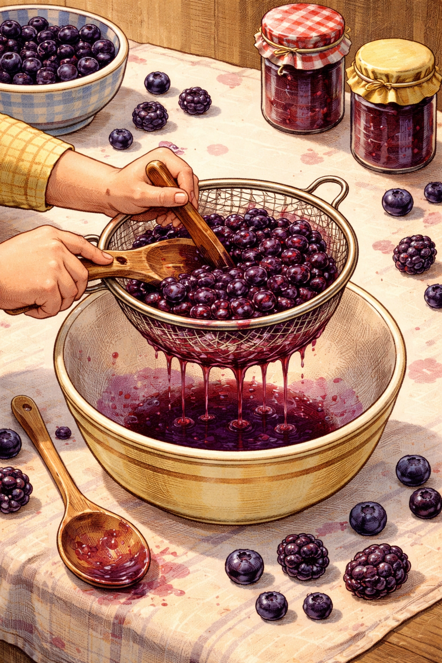 Child mashing berries through a sieve to make berry paint at kitchen table