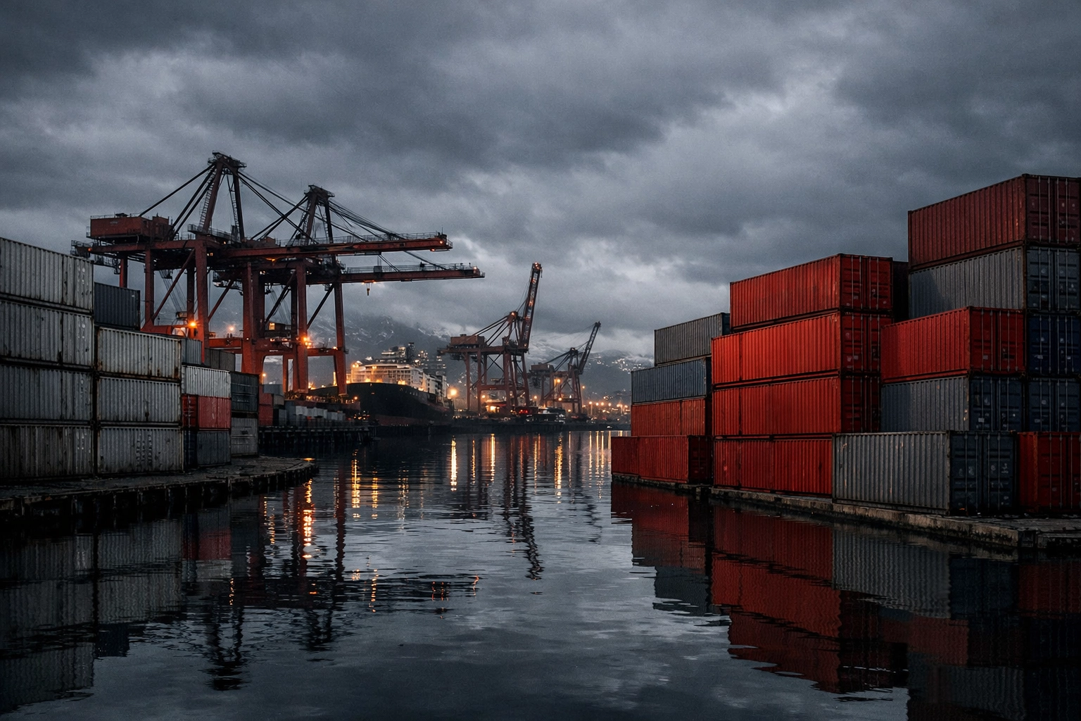 Industrial shipping containers at a Canadian port illustrating international trade and food supply chains.