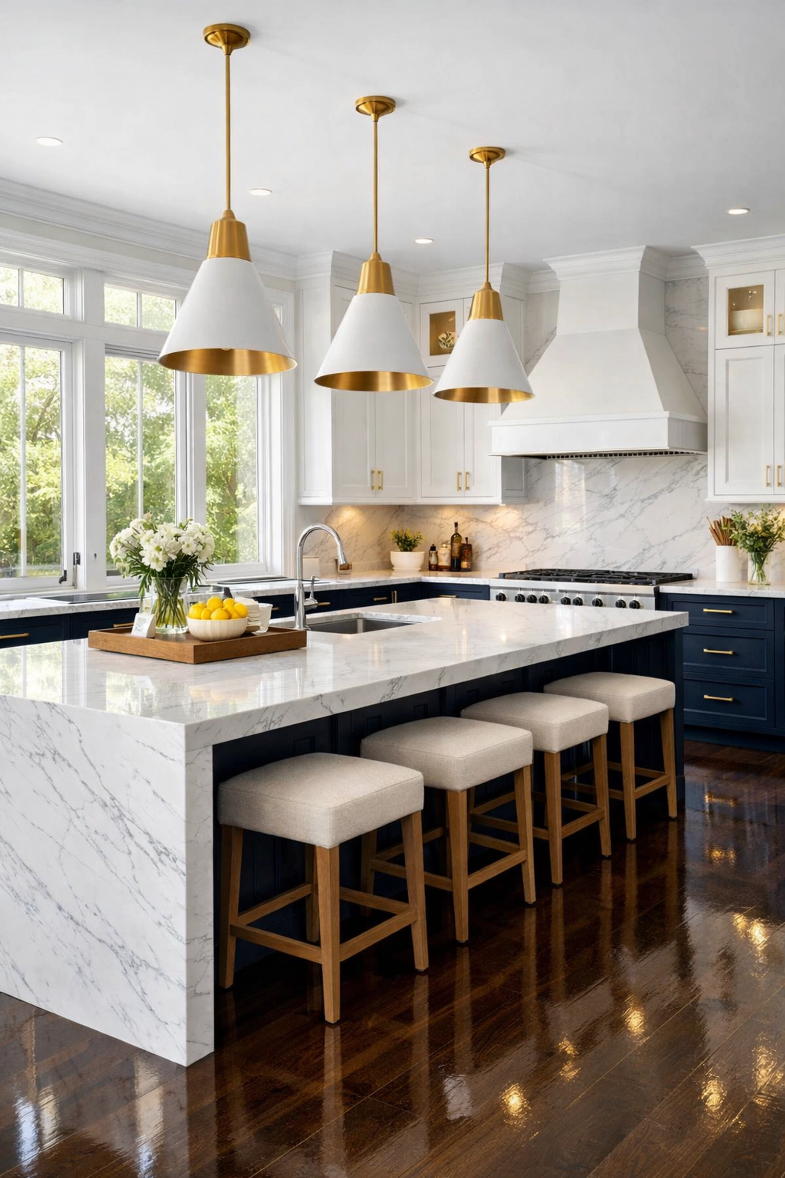Pristine luxury kitchen in a Dover estate showcasing high-end residential cleaning Massachusetts standards.